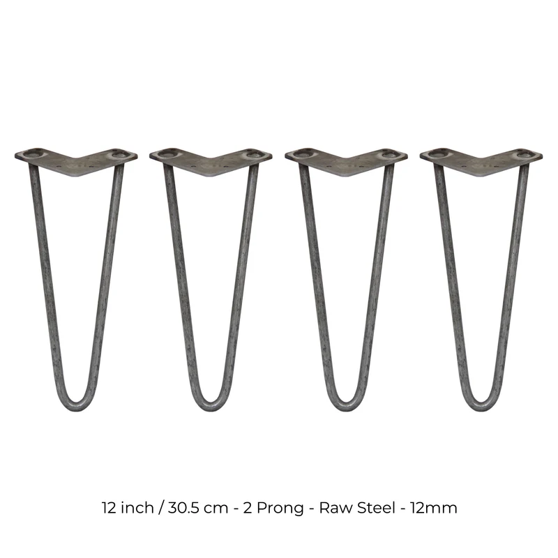 4 Gambe da Tavolo a Forcina 30.5cm - 2 Rebbi - 12mm - Acciaio Naturale