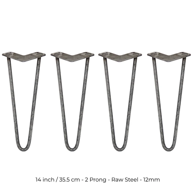 4 Gambe da Tavolo a Forcina 35.5cm - 2 Rebbi - 12mm - Acciaio Naturale