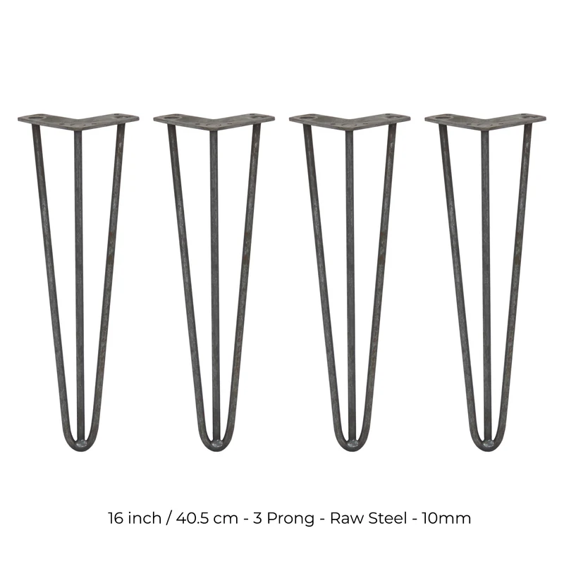 4 Gambe da Tavolo a Forcina 40.6cm - 3 Rebbi - 10mm - Acciaio Naturale