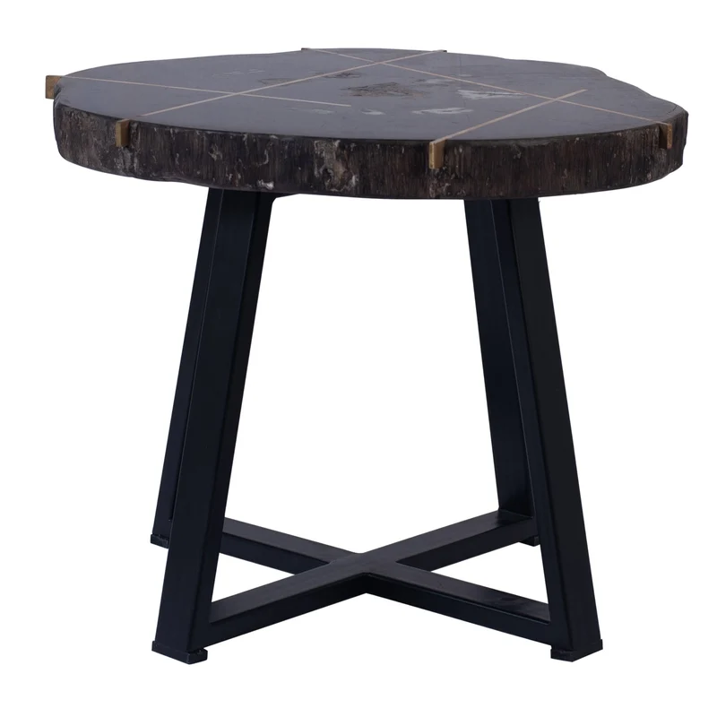 PTMD Tay Couchtisch aus versteinertem Holz, schwarz, Metall, niedrig