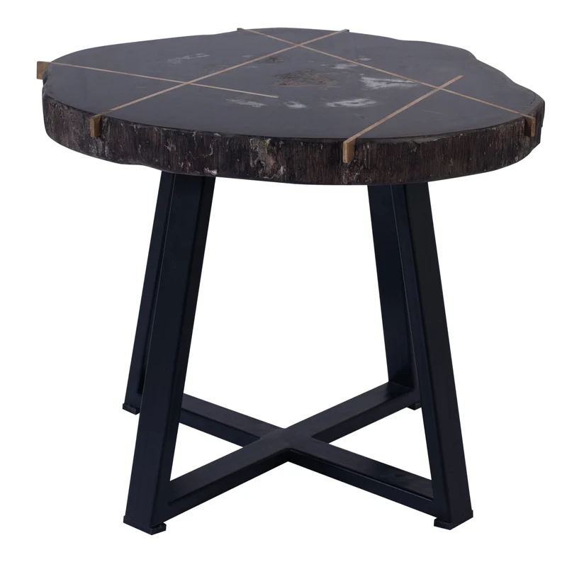 PTMD Tay Couchtisch aus versteinertem Holz, schwarz, Metall, niedrig