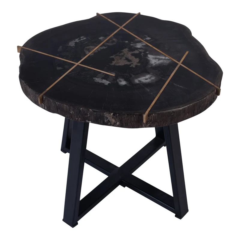 PTMD Tay Couchtisch aus versteinertem Holz, schwarz, Metall, niedrig