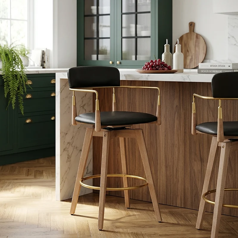 Sgabello Vera Pelle Legno - Reed Nero