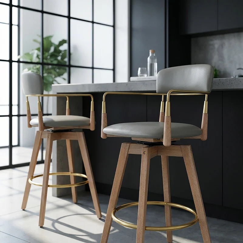 Sgabello Vera Pelle Legno - Reed Grigio