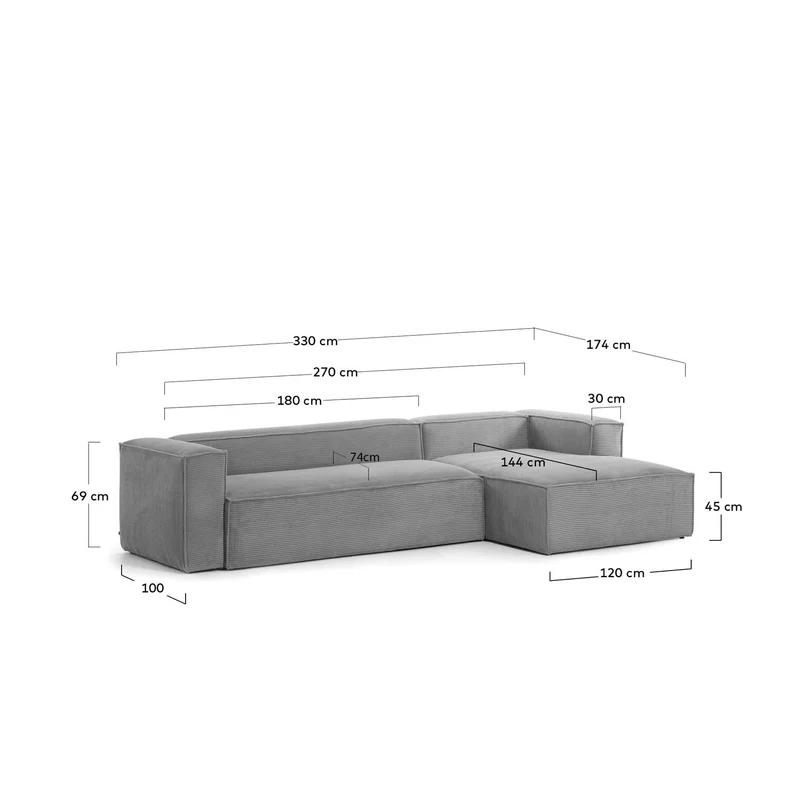 4-Sitzer-Sofa Blok mit dickem, grauen Cord und Chaiselongue rechts 330 cm FSC Mix Credit