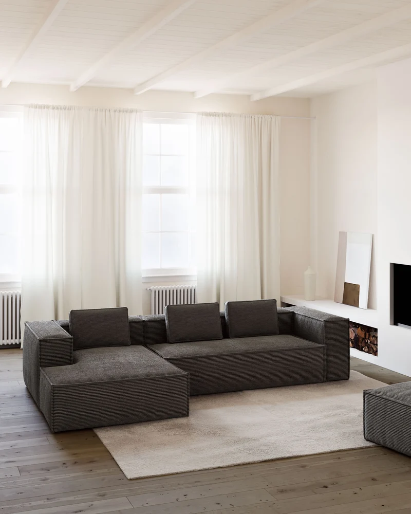 4-Sitzer-Sofa Blok mit dickem, grauen Cord und Chaiselongue links 330 cm FSC Mix Credit