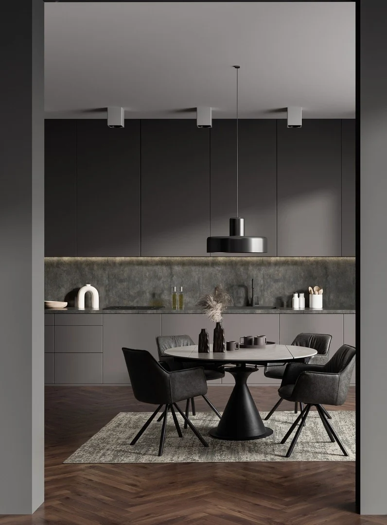 Tavolo rotondo allungabile in gres porcellanato effetto marmo 85-135 cm