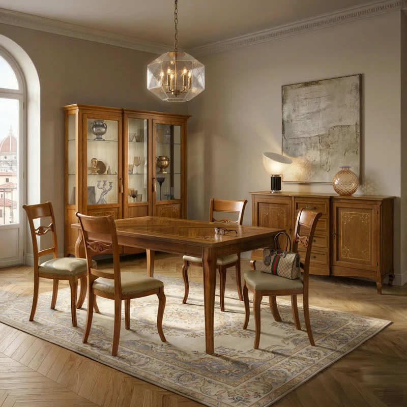Sala da Pranzo Completa Tiziano con Tavolo Allungabile Intarsiato e Sedie