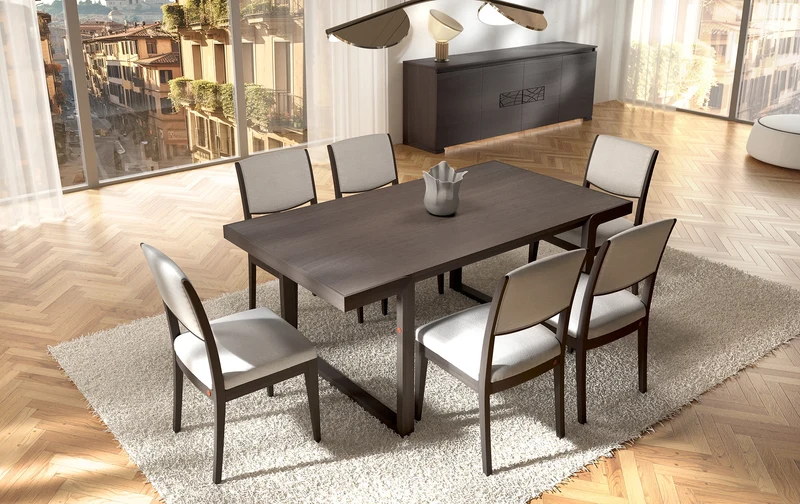 Tavolo Rettangolare in Noce 180x100 con 6 Sedie Imbottite in Tessuto Modigliani