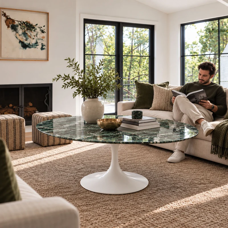 Round & Oval Tulip Coffee Table,H39 cm – Ø51 cm & 60 × 40 cm – Marble Top