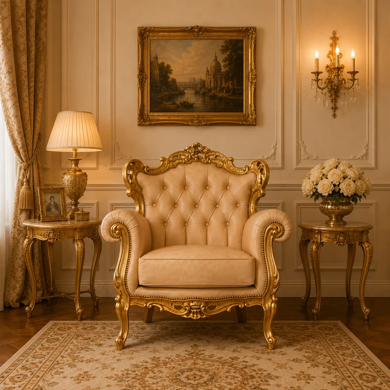 Poltrona Barocca Caterina - Foglia Oro, Pelle Primo Fiore Premium – Artigianato Italiano di Lusso