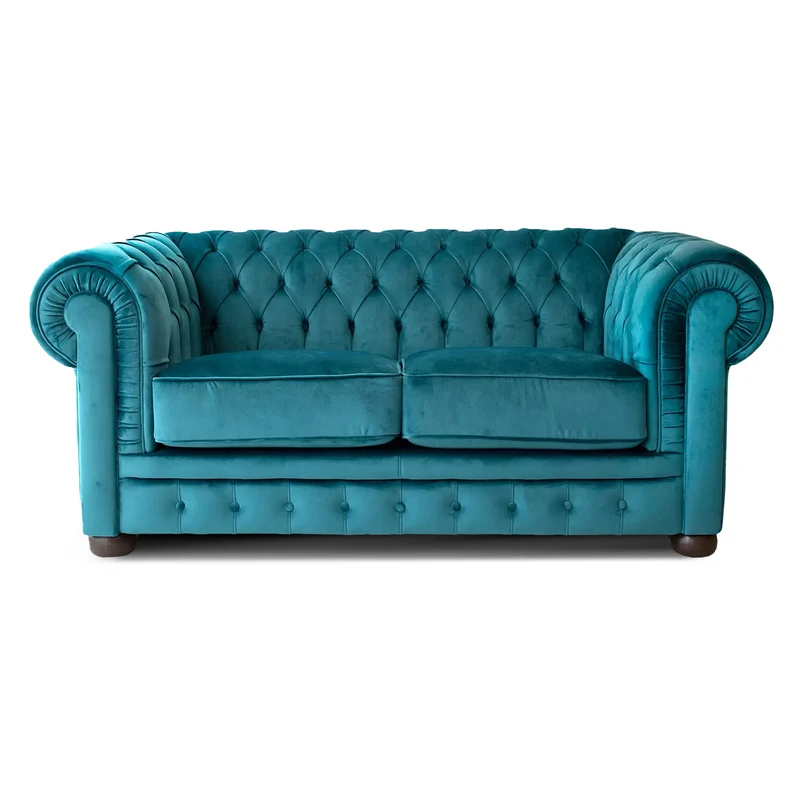 Divano Chesterfield 2 Posti Velluto Blu Pavone
