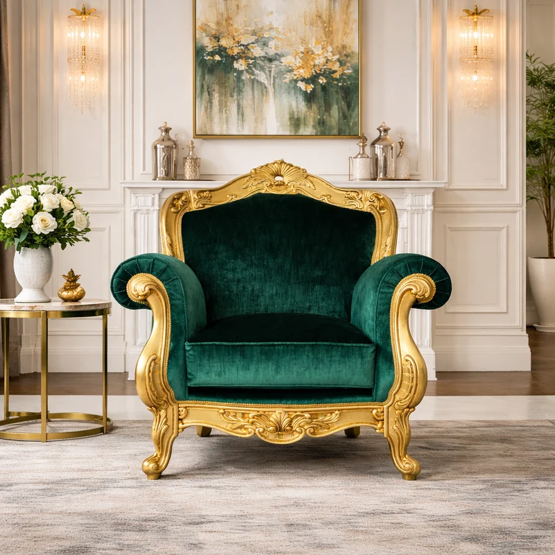 Poltrona Barocca Domizia - Foglia Oro e Velluto – Artigianato Italiano di Lusso