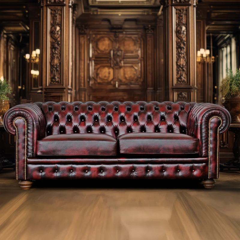 Divano Chesterfield 2 Posti Max, Pelle Primo Fiore Bordeaux stile Old America rifinita a mano