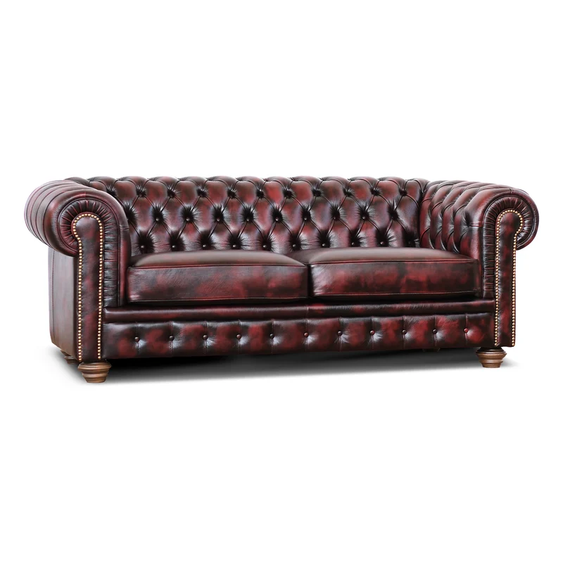 Divano Chesterfield pelle fiore bordeaux stile old America rifinita a mano