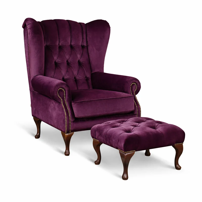 Poltrona Chesterfield Bergere Regina con Poggiapiedi Velluto Premium - Design Iconico