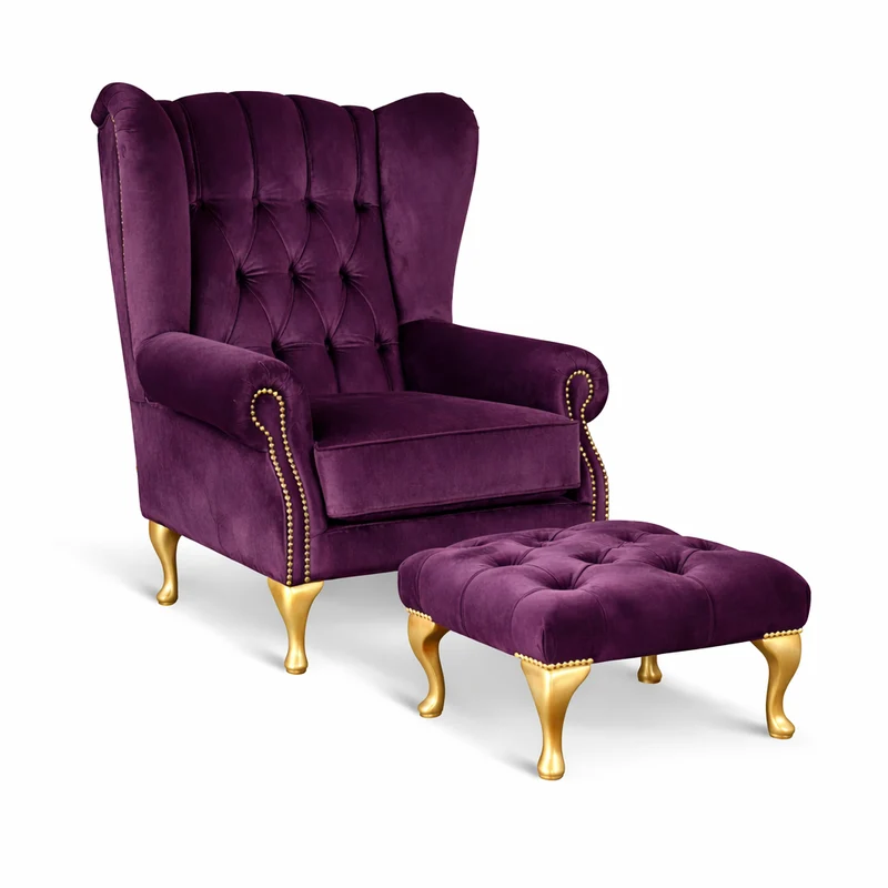 Poltrona Chesterfield Bergere Regina con Poggiapiedi Velluto Premium - Design Iconico