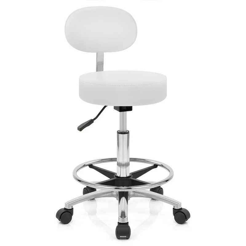 Sgabello Girevole con Schienale Ecopelle Cromato - Bianco