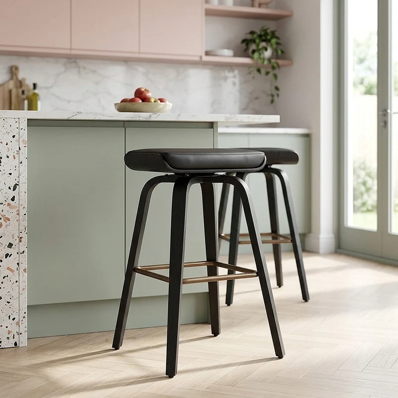 Sgabello Vera Pelle Legno - Remy Nero