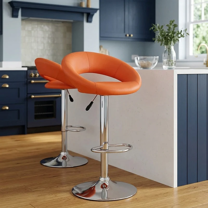 Sgabello Ecopelle Cromato - Crescent Imbottito Arancione