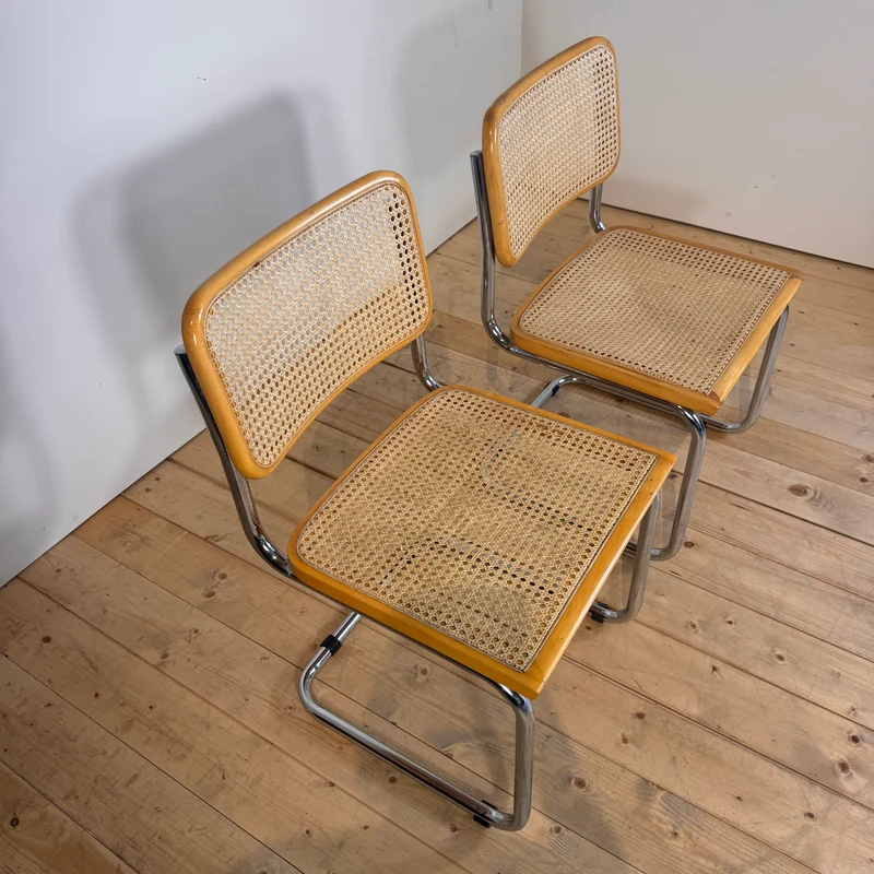Sedie con struttura in tubolare cromato e rattan, Italia, anni ’70