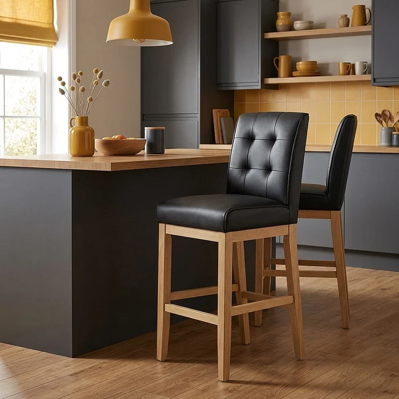 Sgabello Vera Pelle Legno - Ashby Nero