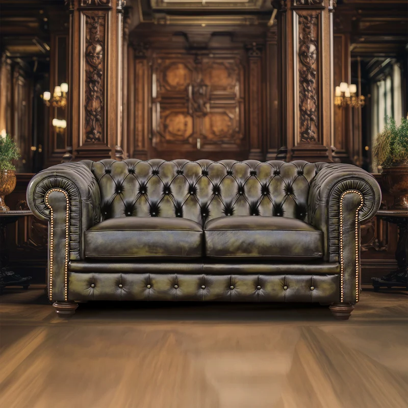 Divano Chesterfield pelle fiore verde stile old America rifinita a mano