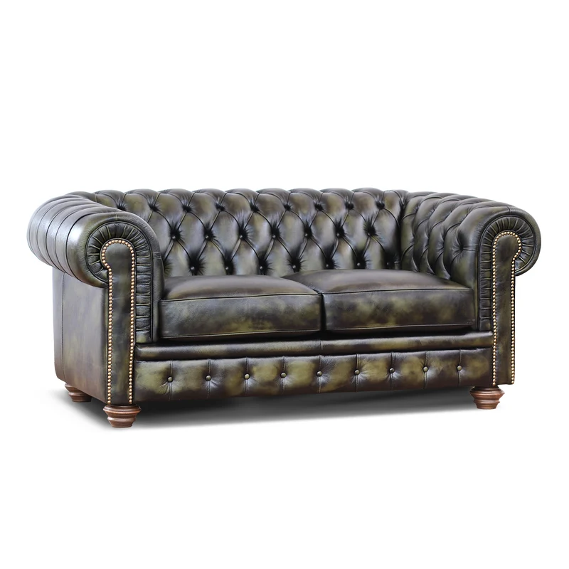 Divano Chesterfield pelle fiore verde stile old America rifinita a mano