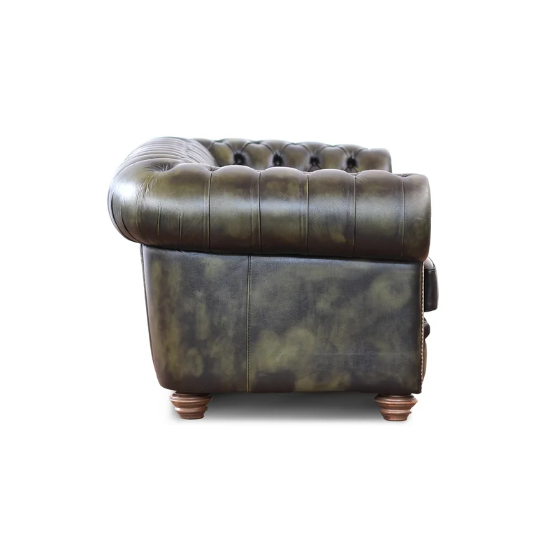 Divano Chesterfield pelle fiore verde stile old America rifinita a mano