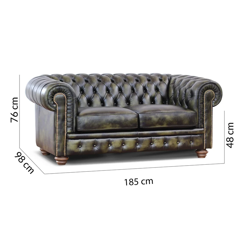 Divano Chesterfield pelle fiore verde stile old America rifinita a mano