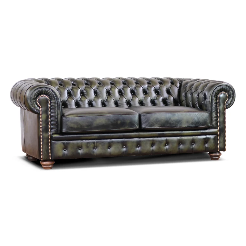 Divano Chesterfield pelle fiore verde stile old America rifinita a mano