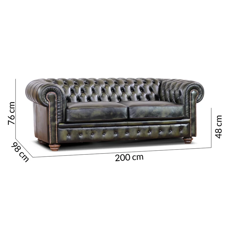 Divano Chesterfield pelle fiore verde stile old America rifinita a mano