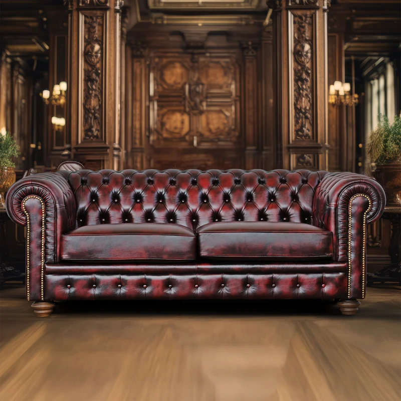 Divano Chesterfield pelle fiore bordeaux stile old America rifinita a mano