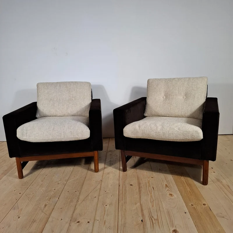 Coppia di Poltrone Vintage Rivestite in Velluto Hermès e Bouclé di Lino – Mid-Century Modern