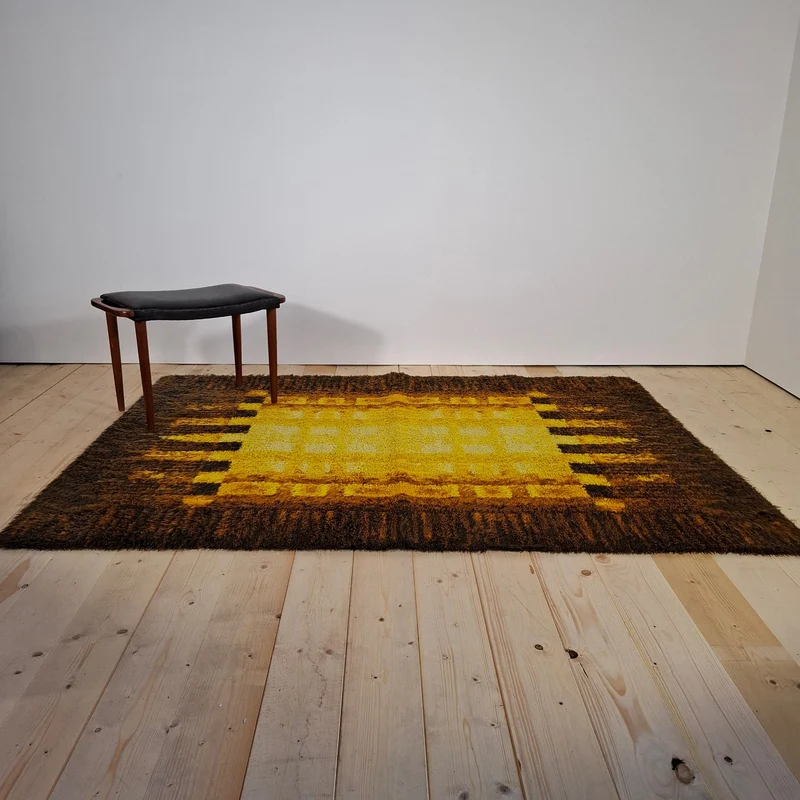 Tappeto Vintage in Lana Giallo e Marrone, Design Danese Anni '70