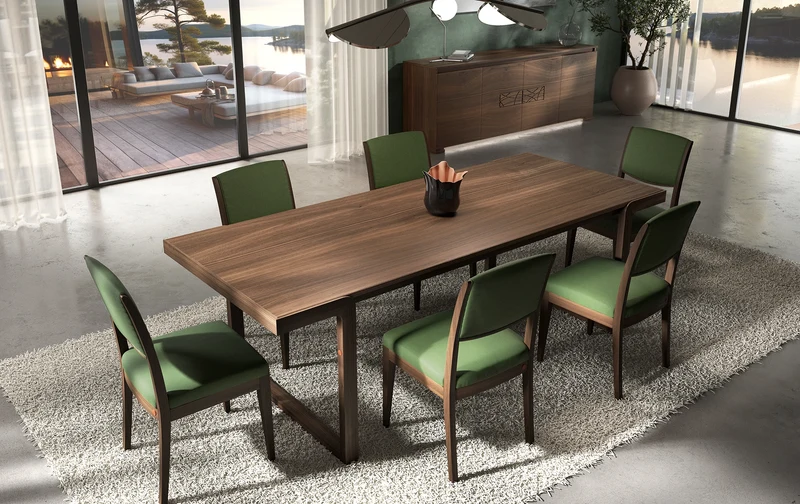 Tavolo Rettangolare in Noce 240×100 con 6 Sedie in Pelle Modigliani