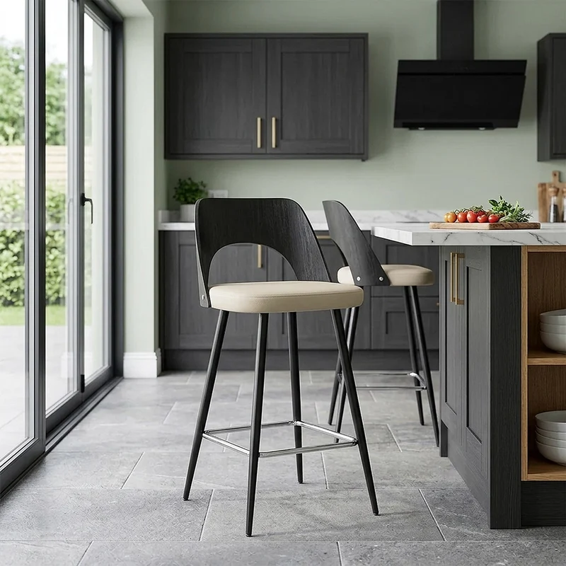 Sgabello Legno Nero Ecopelle - Leo Crema
