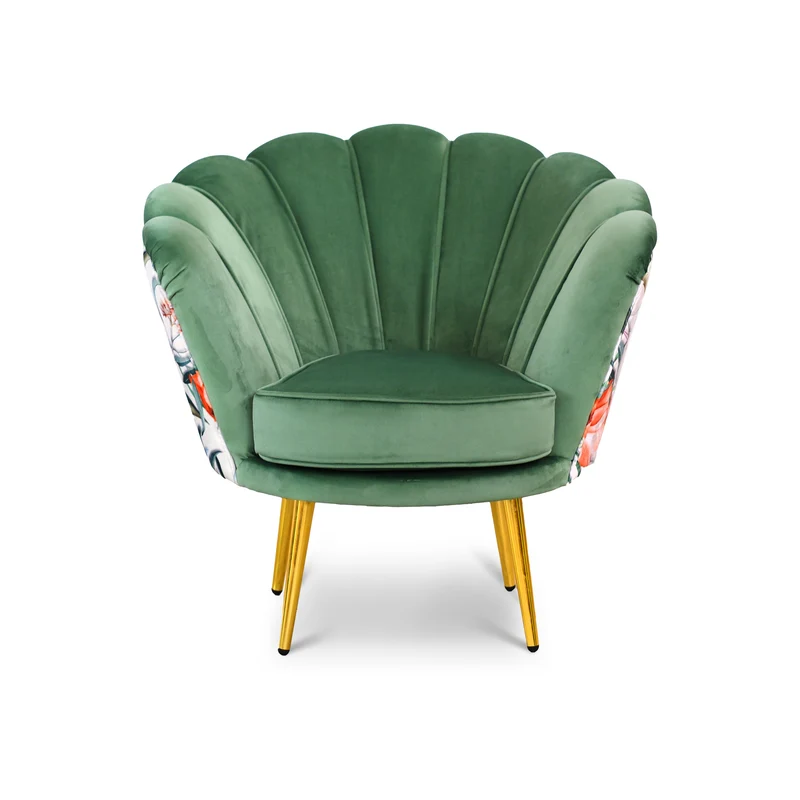 Poltrona Maia in Velluto Verde Menta, Monocolore o con retro in Microfibra Fantasia Esotica, Gambe Oro