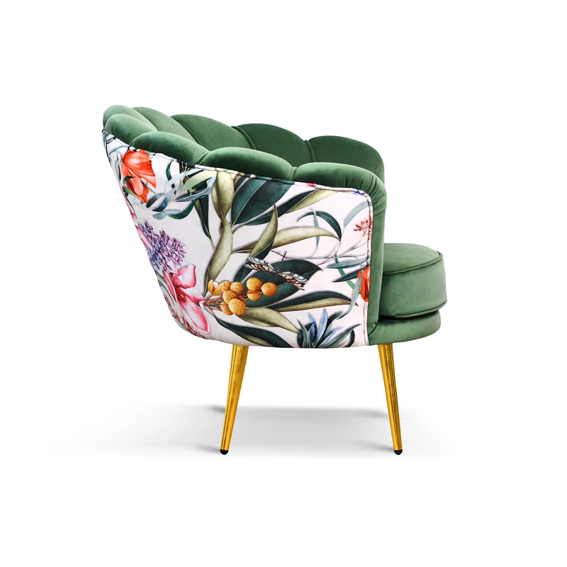 Poltrona Maia in Velluto Verde Menta, Monocolore o con retro in Microfibra Fantasia Esotica, Gambe Oro