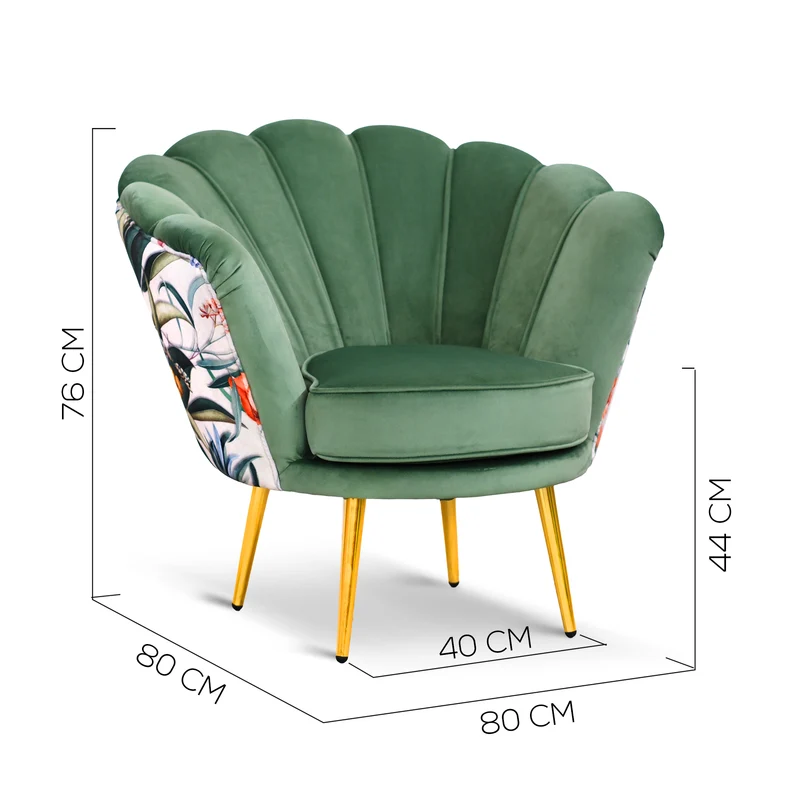 Poltrona Maia in Velluto Verde Menta, Monocolore o con retro in Microfibra Fantasia Esotica, Gambe Oro