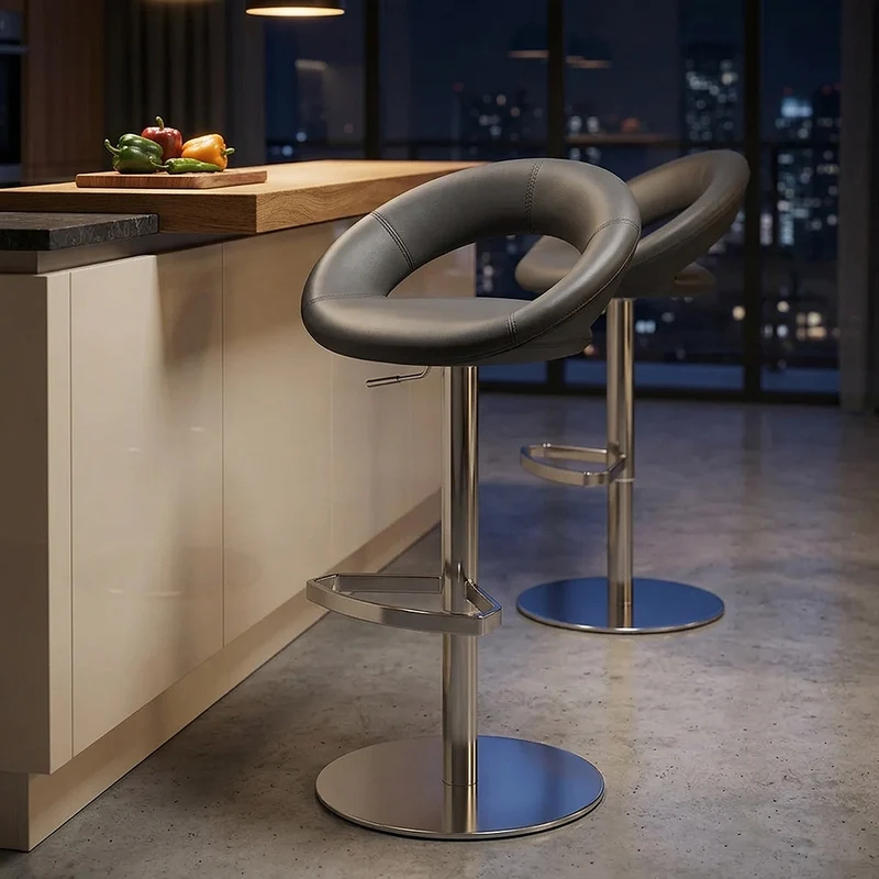Sgabello Pelle Cromo Satinato - Crescent Imbottito Grigio