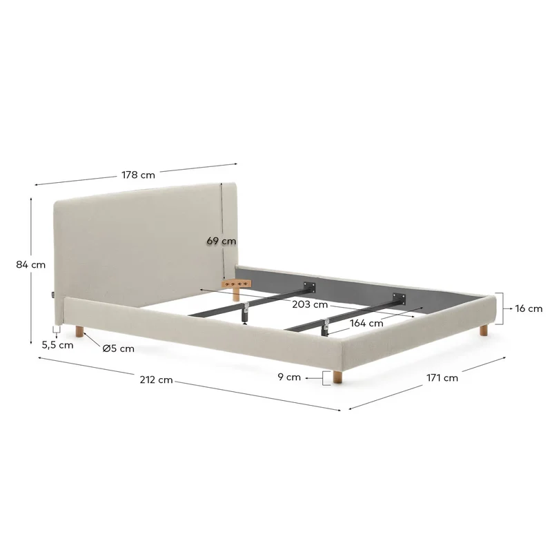 Letto sfoderabile Valma ciniglia perla con piedi in legno massello di faggio per materasso 160 x 200 cm