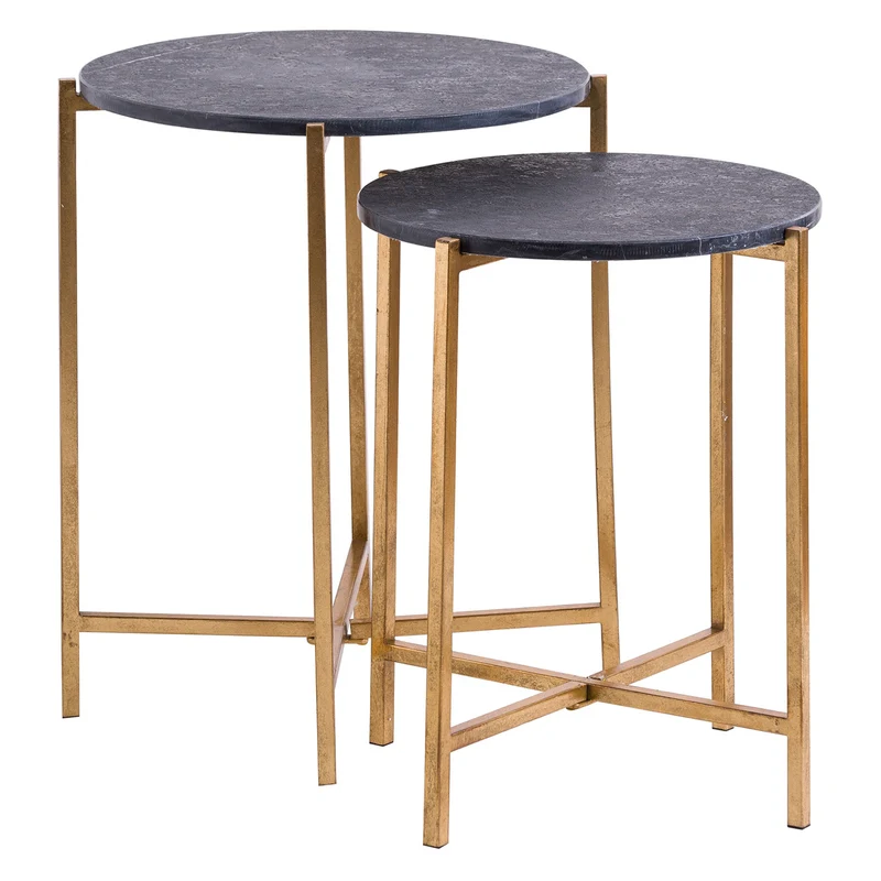 Set of 2 gold and black marble tables