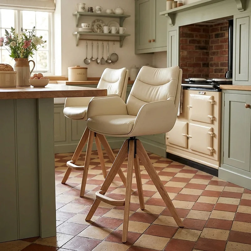 Sgabello Vera Pelle in Legno - Madrid Crema