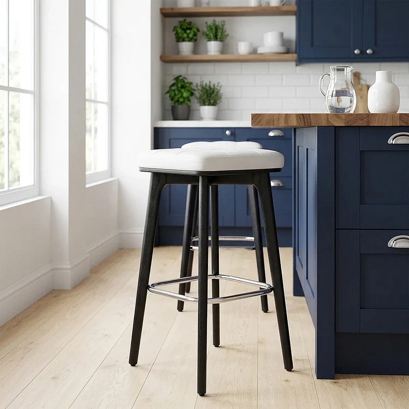 Sgabello Ecopelle Legno Nero - Malmo Bianco