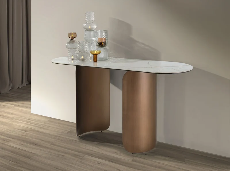 Consolle ovale a semicerchio in marmo porcellanato e acciaio color bronzo