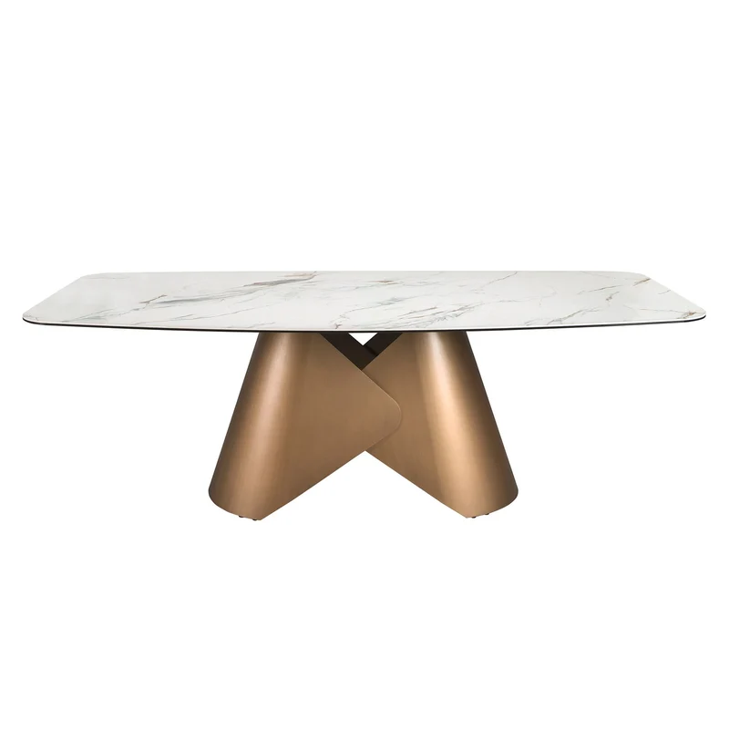 Tavolo da pranzo ovale con fusto in marmo porcellanato e acciaio color bronzo