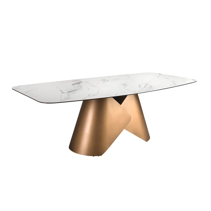 Tavolo da pranzo ovale con fusto in marmo porcellanato e acciaio color bronzo