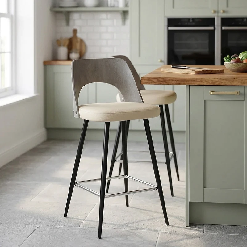 Sgabello Legno Grigio Ecopelle - Leo Crema
