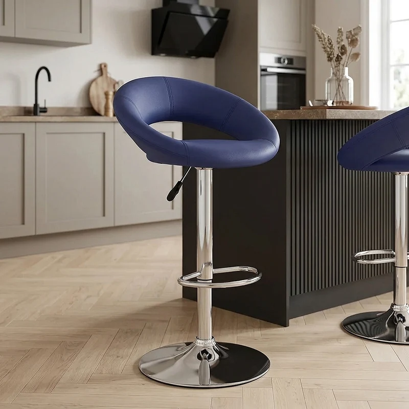 Sgabello Ecopelle Cromato - Crescent Imbottito Blu